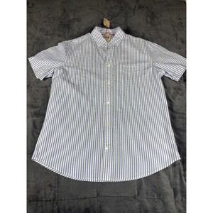 Relwen Mens Large Blue White Striped Seersucker Short Sleeve Button Down Shirt